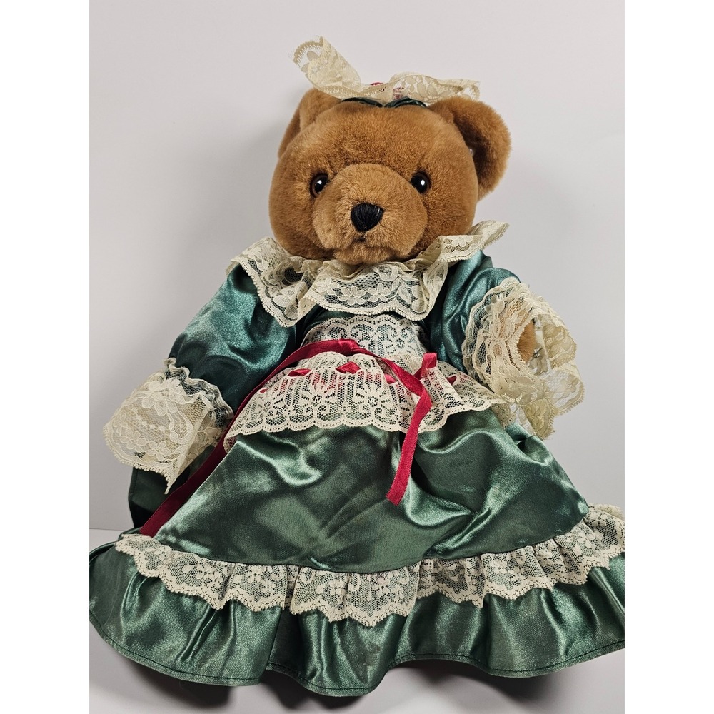 Vintage Victorian ANCO Bear Plush Emerald Green Lace Dress Collectible